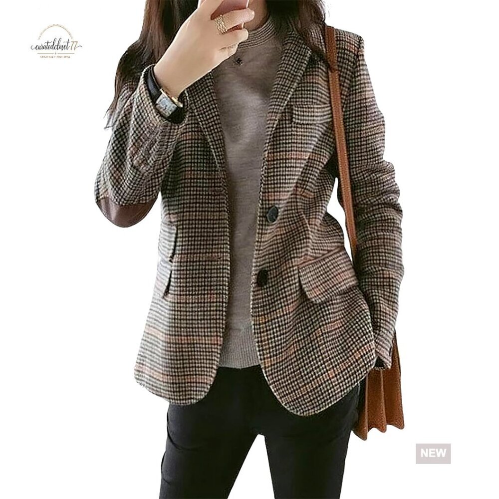 Slim Fit Blazer with Patched Elbows, Notch Lapel, Plaid Pattern